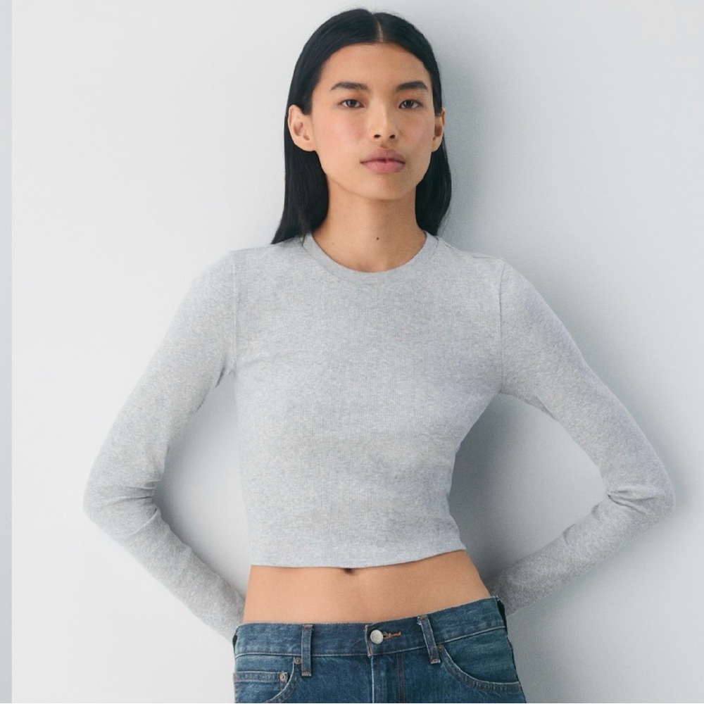 Aritzia TNA Waffle Knit Crop Top, Extra Small. Long Sleeve, Grey,